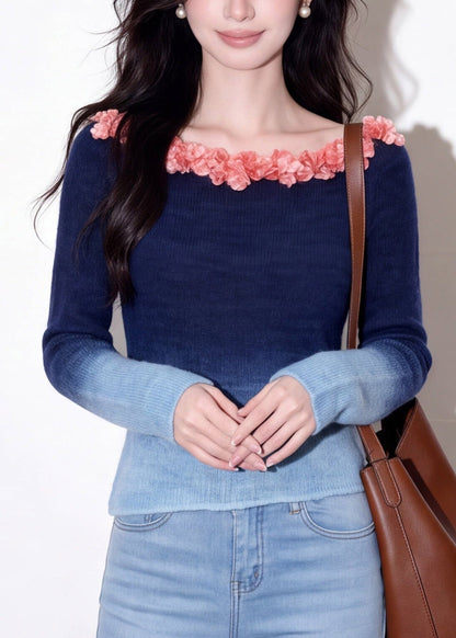 Gradient Color Blue Slash Neck Floral Cotton Knit Sweaters Fall