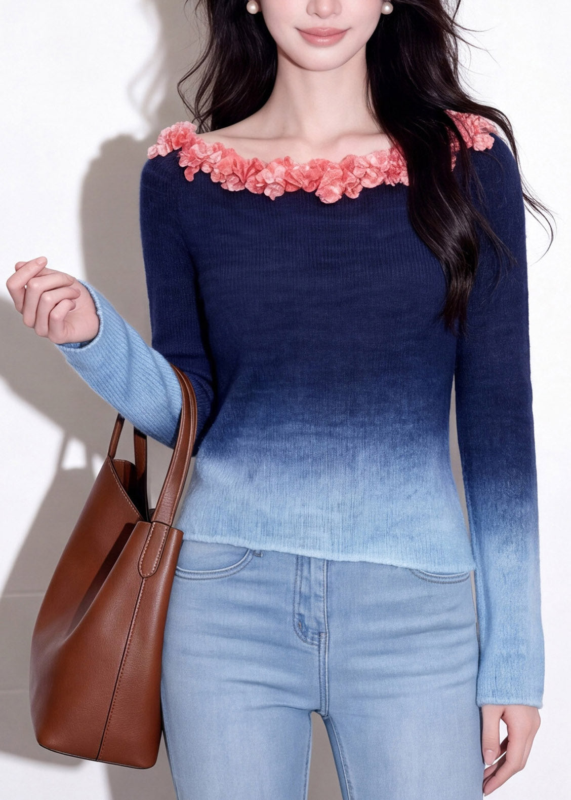 Gradient Color Blue Slash Neck Floral Cotton Knit Sweaters Fall