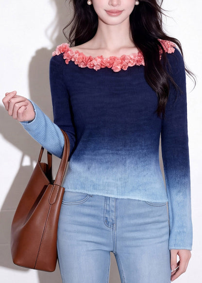 Gradient Color Blue Slash Neck Floral Cotton Knit Sweaters Fall