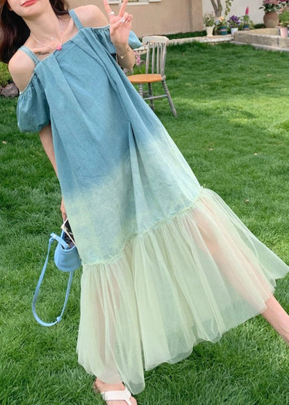 Gradient Color Blue Tulle Patchwork Spaghetti Strap Long Dress Short Sleeve