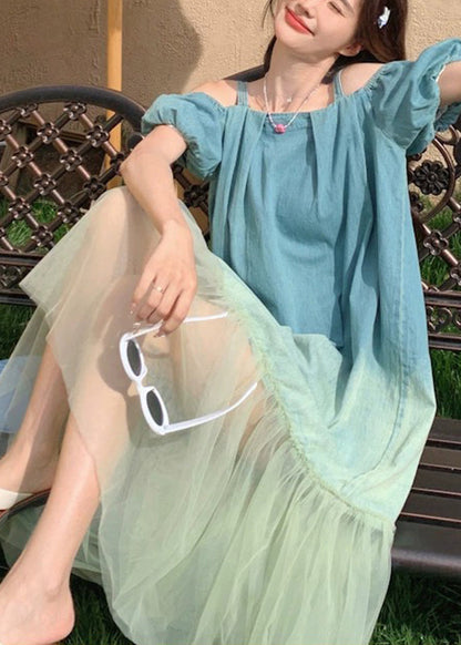 Gradient Color Blue Tulle Patchwork Spaghetti Strap Long Dress Short Sleeve