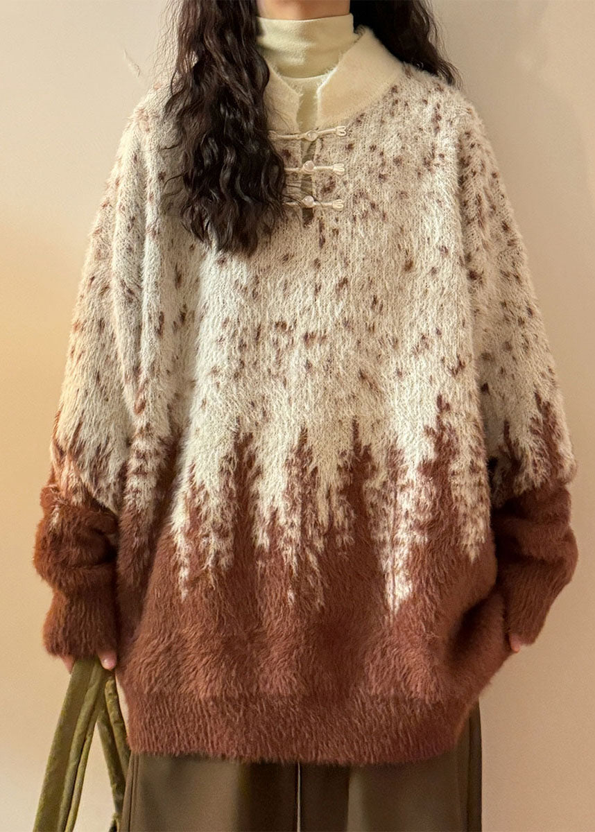 Gradient Color Chinese Button Cozy Knit Sweaters Stand Collar