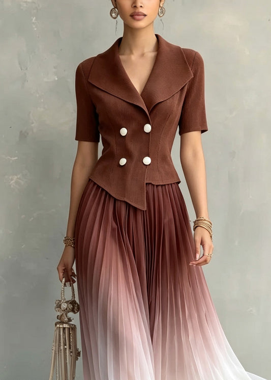 Gradient Color Coffee Notched Patchwork Maxi Dresses Short Sleeve
