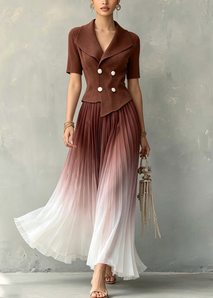 Gradient Color Coffee Notched Patchwork Maxi Dresses Short Sleeve