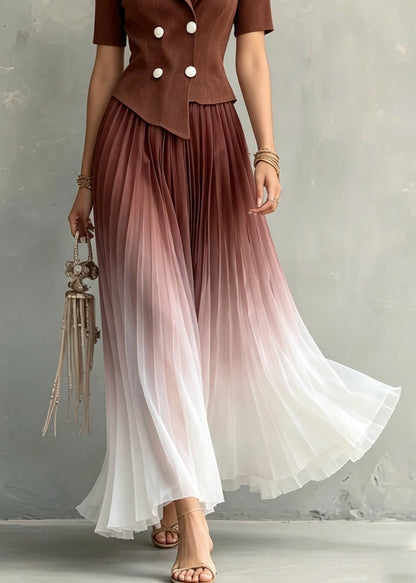 Gradient Color Coffee Notched Patchwork Maxi Dresses Short Sleeve