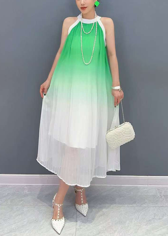 Gradient Color Green O-Neck Chiffon Maxi Dresses Sleeveless