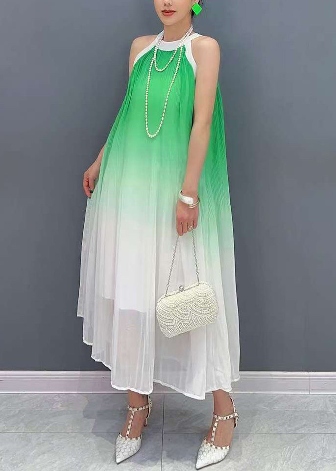 Gradient Color Green O-Neck Chiffon Maxi Dresses Sleeveless