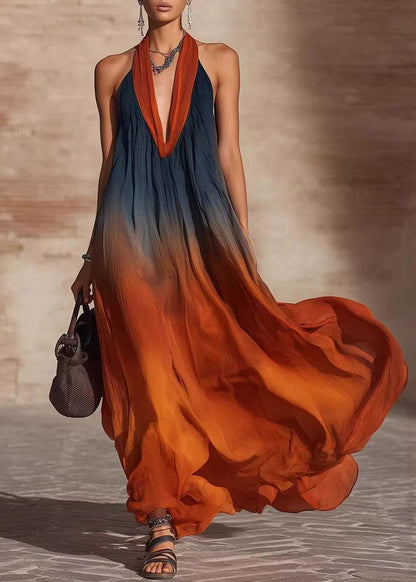 Gradient Color Orange Halter Maxi Dresses Fall