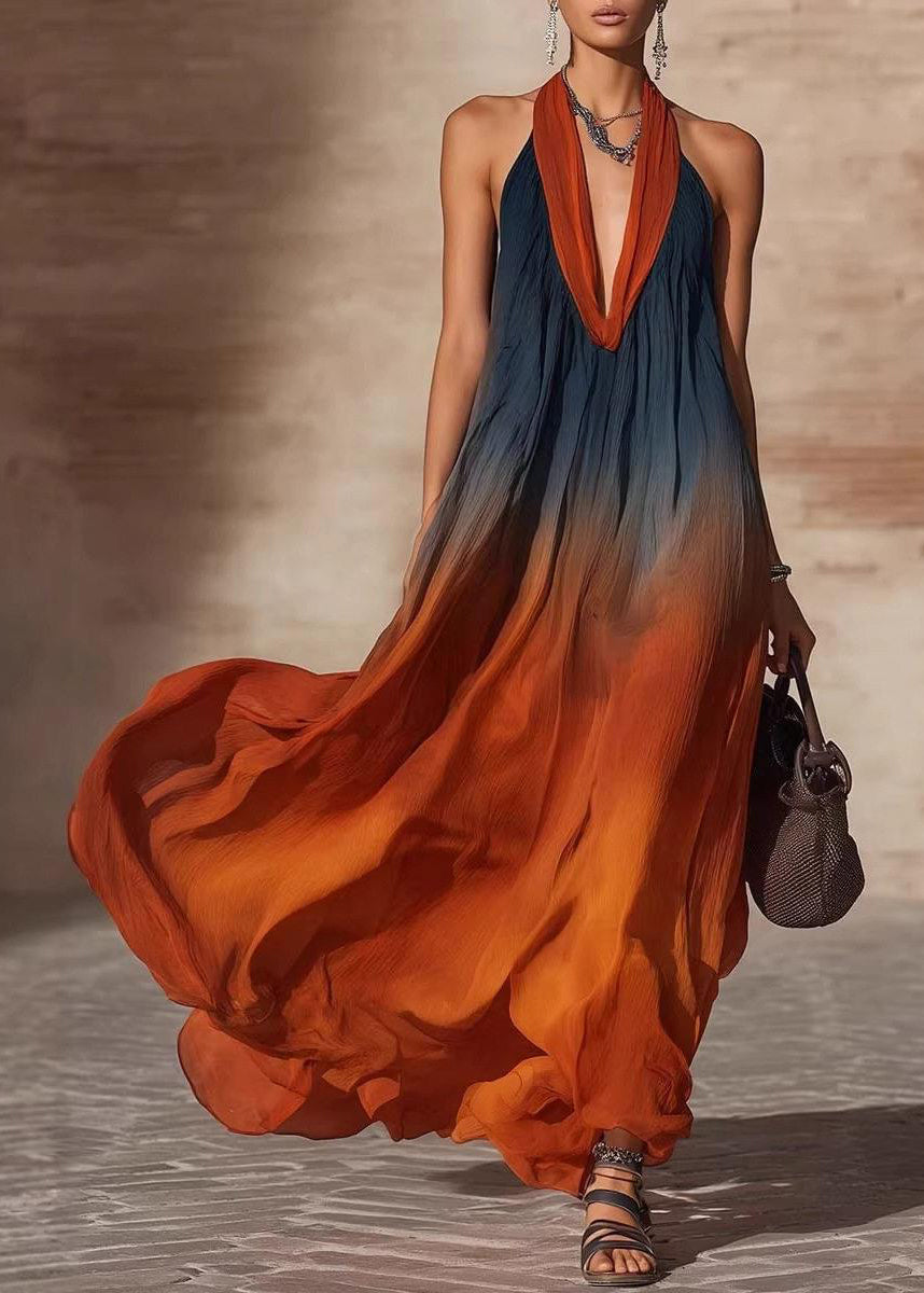 Gradient Color Orange Halter Maxi Dresses Fall