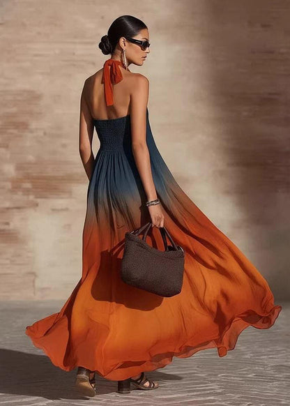 Gradient Color Orange Halter Maxi Dresses Fall