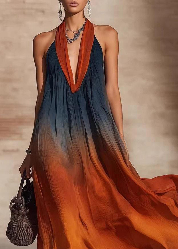 Gradient Color Orange Halter Maxi Dresses Fall