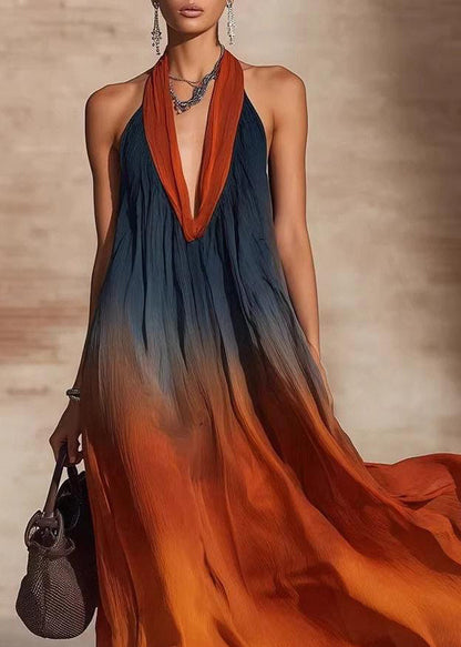 Gradient Color Orange Halter Maxi Dresses Fall