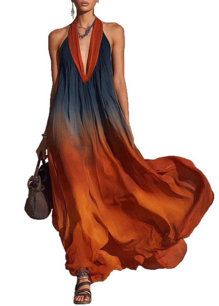 Gradient Color Orange Halter Maxi Dresses Fall