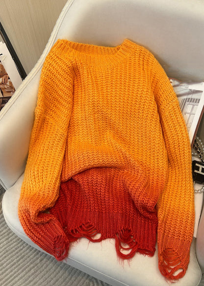 Gradient Color Orange O-Neck Cozy Thick Knit Sweaters Fall