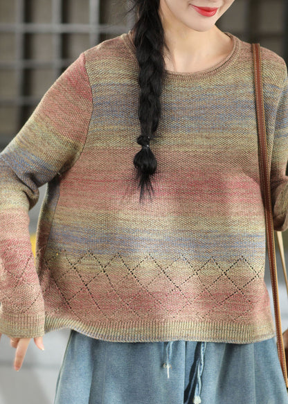 Gradient Color Pink O-Neck Hollow Out Cotton Knit Sweaters Long Sleeve