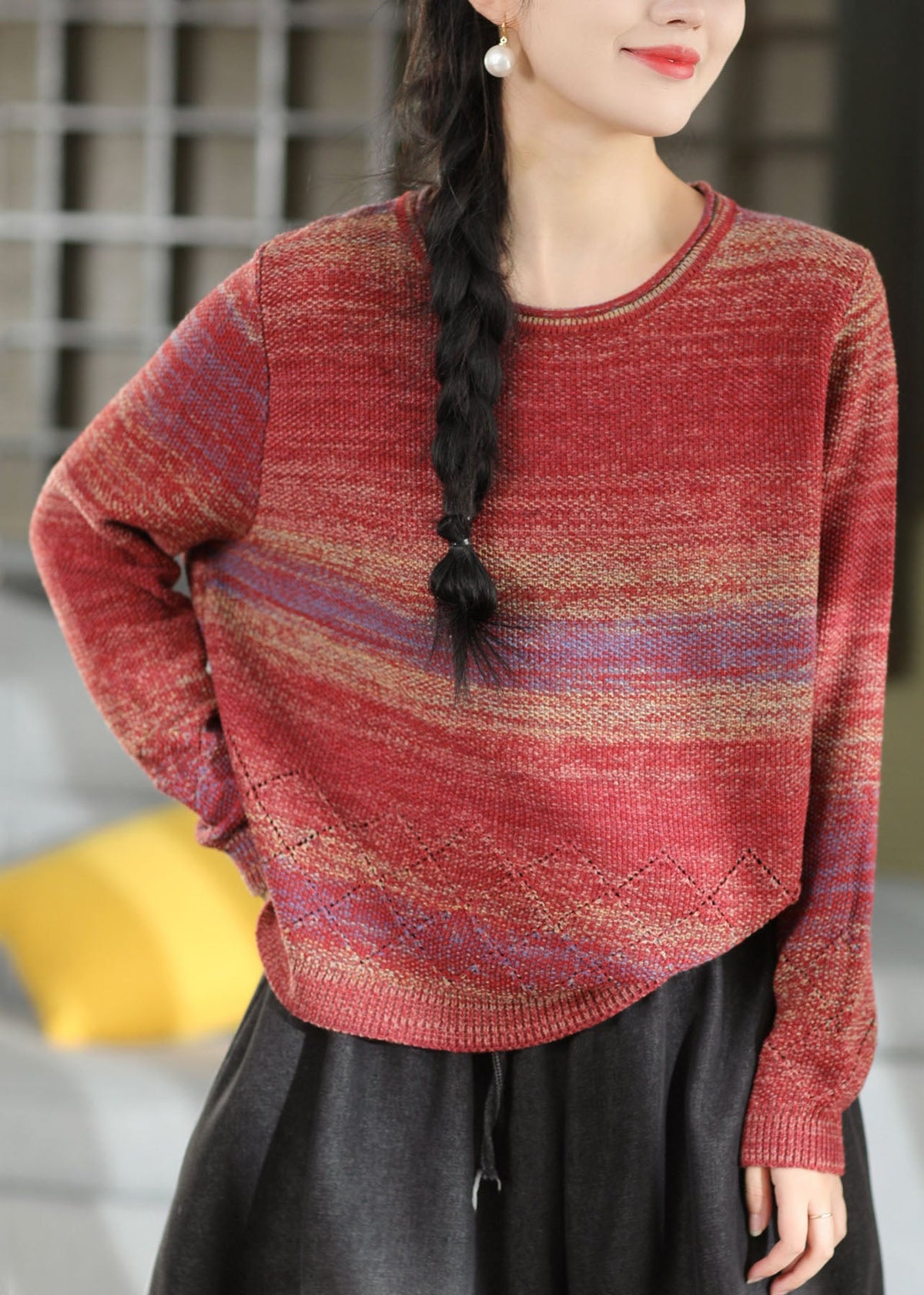 Gradient Color Pink O-Neck Hollow Out Cotton Knit Sweaters Long Sleeve