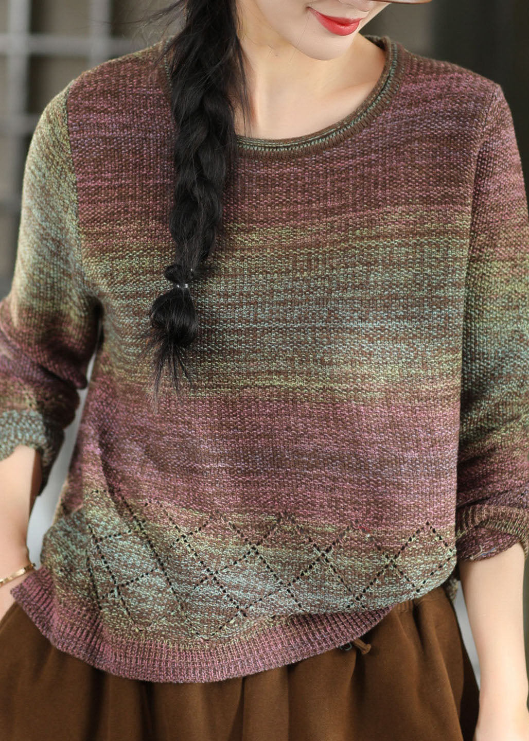 Gradient Color Pink O-Neck Hollow Out Cotton Knit Sweaters Long Sleeve