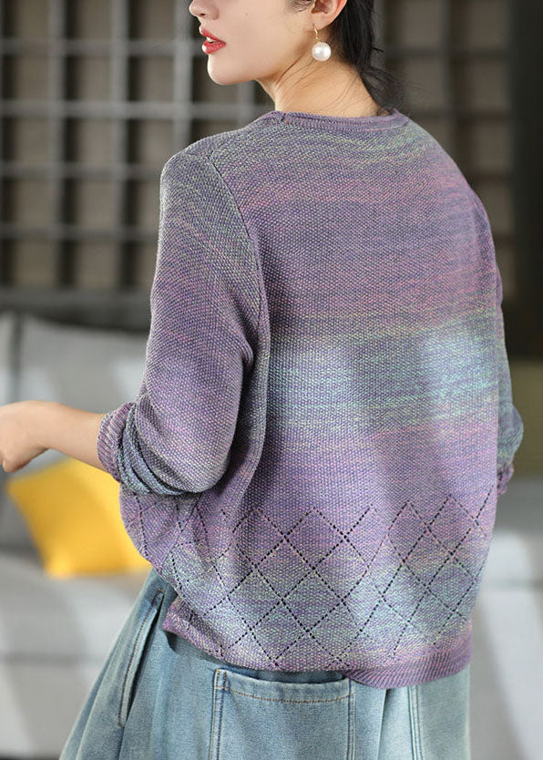 Gradient Color Pink O-Neck Hollow Out Cotton Knit Sweaters Long Sleeve