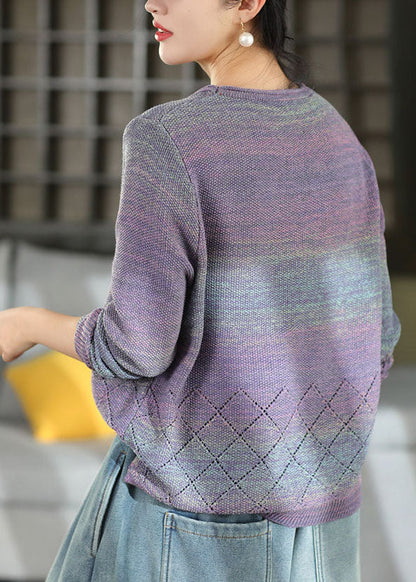 Gradient Color Pink O-Neck Hollow Out Cotton Knit Sweaters Long Sleeve