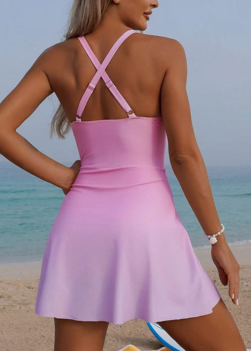 Gradient Color Pink V-Neck Patchwork Slips Lingerie Sets Swimwear