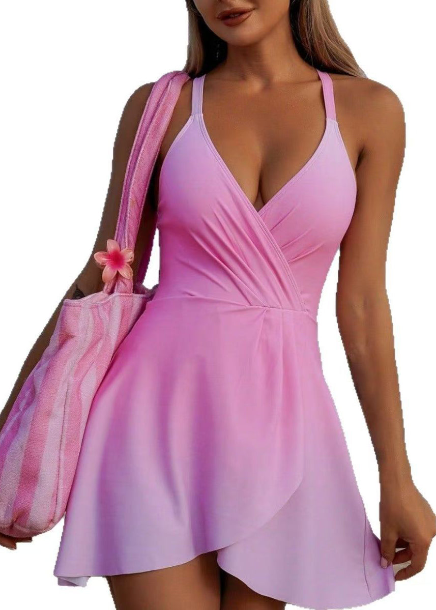 Gradient Color Pink V-Neck Patchwork Slips Lingerie Sets Swimwear