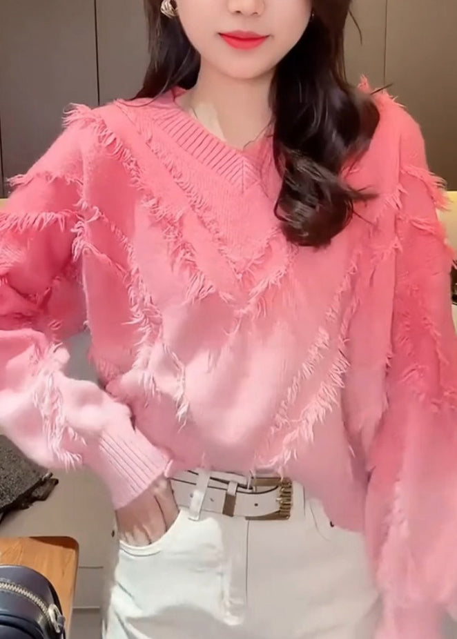 Gradient Color Pink V Neck Tassel Cotton Knit Sweater Tops Winter