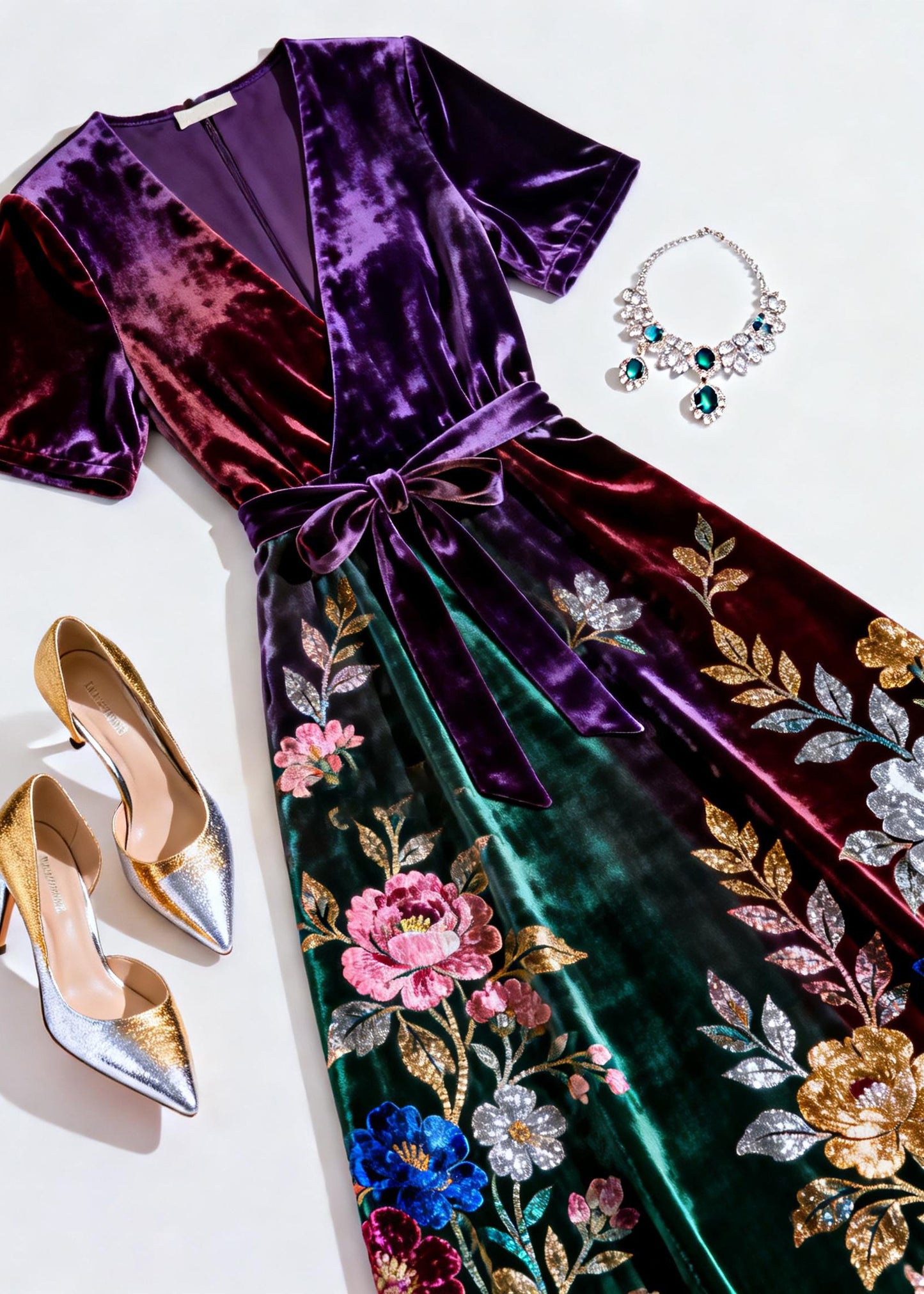 Gradient Color Print Tie Waist Silk Velvet Dresses V Neck Summer