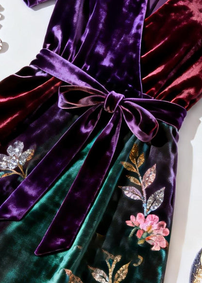 Gradient Color Print Tie Waist Silk Velvet Dresses V Neck Summer
