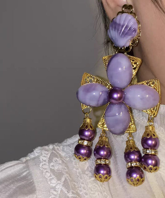 Gradient Color Purple Sterling Silver Overgild Floral Shell Tassel Drop Earrings