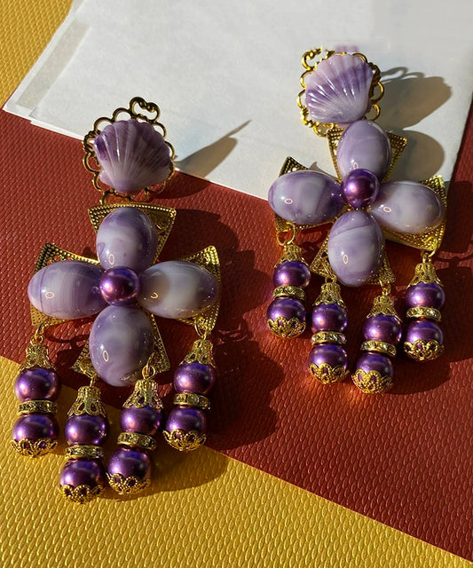 Gradient Color Purple Sterling Silver Overgild Floral Shell Tassel Drop Earrings