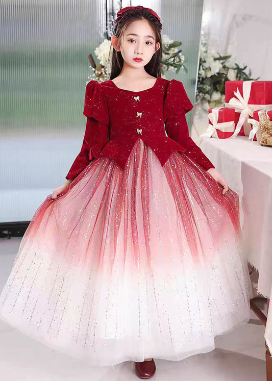 Gradient Color Red Patchwork Wrinkled Tulle Girls Long Dress Spring