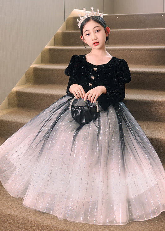 Gradient Color Red Patchwork Wrinkled Tulle Girls Long Dress Spring