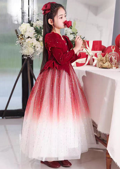 Gradient Color Red Patchwork Wrinkled Tulle Girls Long Dress Spring