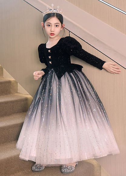 Gradient Color Red Patchwork Wrinkled Tulle Girls Long Dress Spring