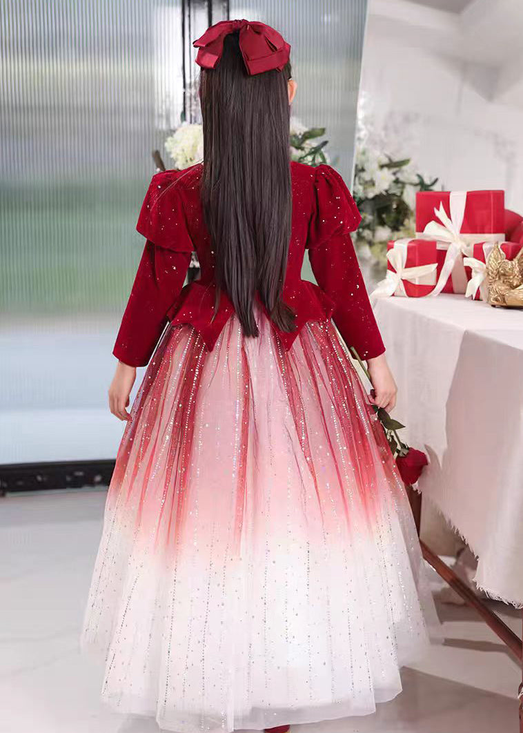 Gradient Color Red Patchwork Wrinkled Tulle Girls Long Dress Spring