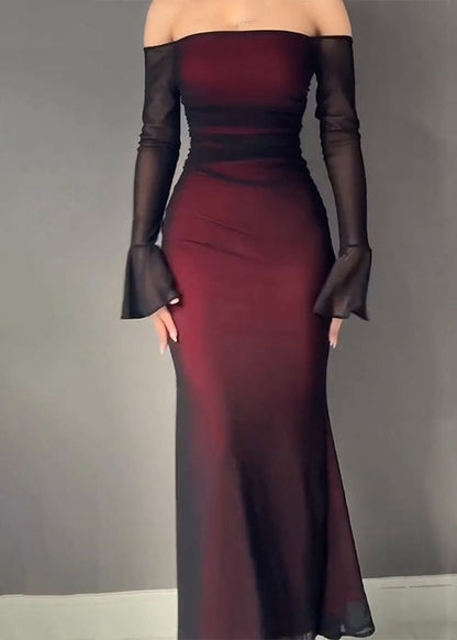 Gradient Color Red Slash Neck Patchwork Vacation Maxi Dresses Flare Sleeve