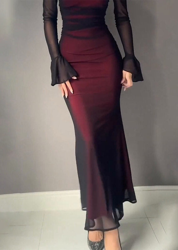 Gradient Color Red Slash Neck Patchwork Vacation Maxi Dresses Flare Sleeve