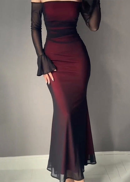 Gradient Color Red Slash Neck Patchwork Vacation Maxi Dresses Flare Sleeve