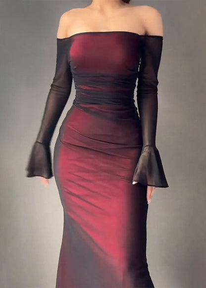 Gradient Color Red Slash Neck Patchwork Vacation Maxi Dresses Flare Sleeve