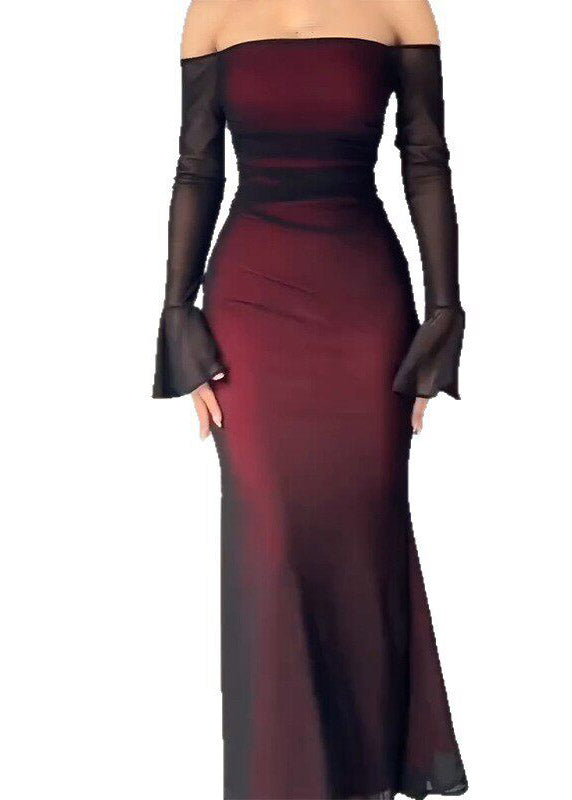 Gradient Color Red Slash Neck Patchwork Vacation Maxi Dresses Flare Sleeve