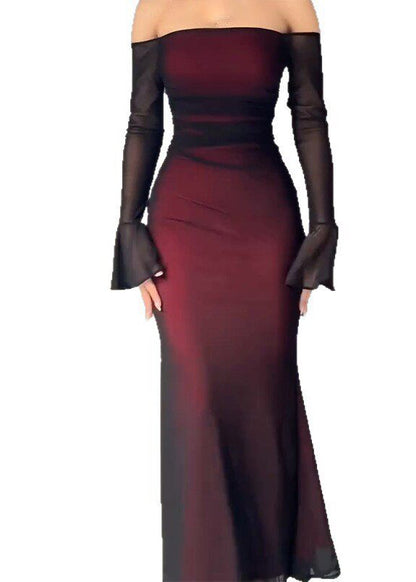 Gradient Color Red Slash Neck Patchwork Vacation Maxi Dresses Flare Sleeve