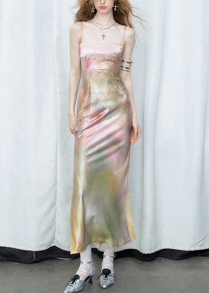 Gradient Color Side Open Silk Spaghetti Strap Dress Cold Shoulder Summer