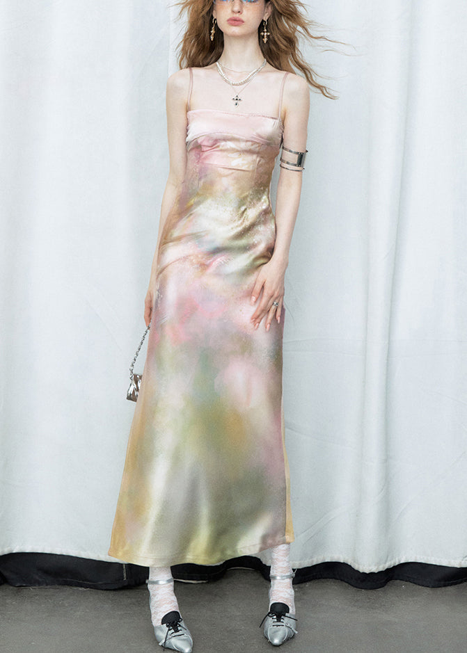 Gradient Color Side Open Silk Spaghetti Strap Dress Cold Shoulder Summer