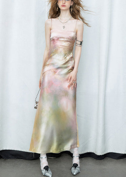 Gradient Color Side Open Silk Spaghetti Strap Dress Cold Shoulder Summer