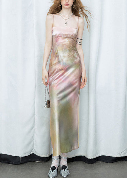 Gradient Color Side Open Silk Spaghetti Strap Dress Cold Shoulder Summer