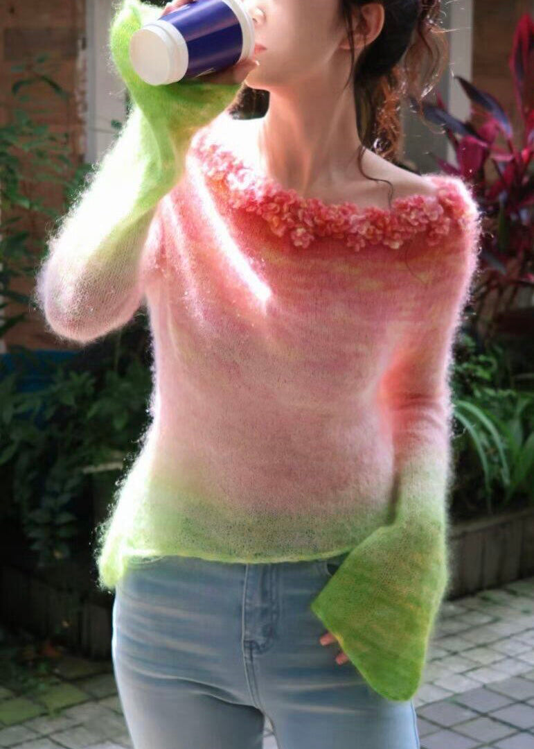 Gradient Color Slash Neck Asymmetrical Floral Knit Top Fall