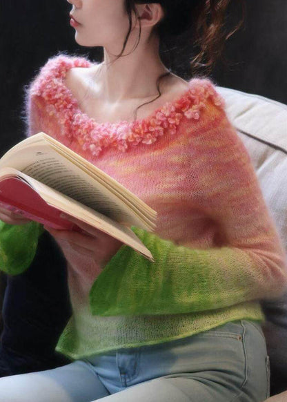 Gradient Color Slash Neck Asymmetrical Floral Knit Top Fall