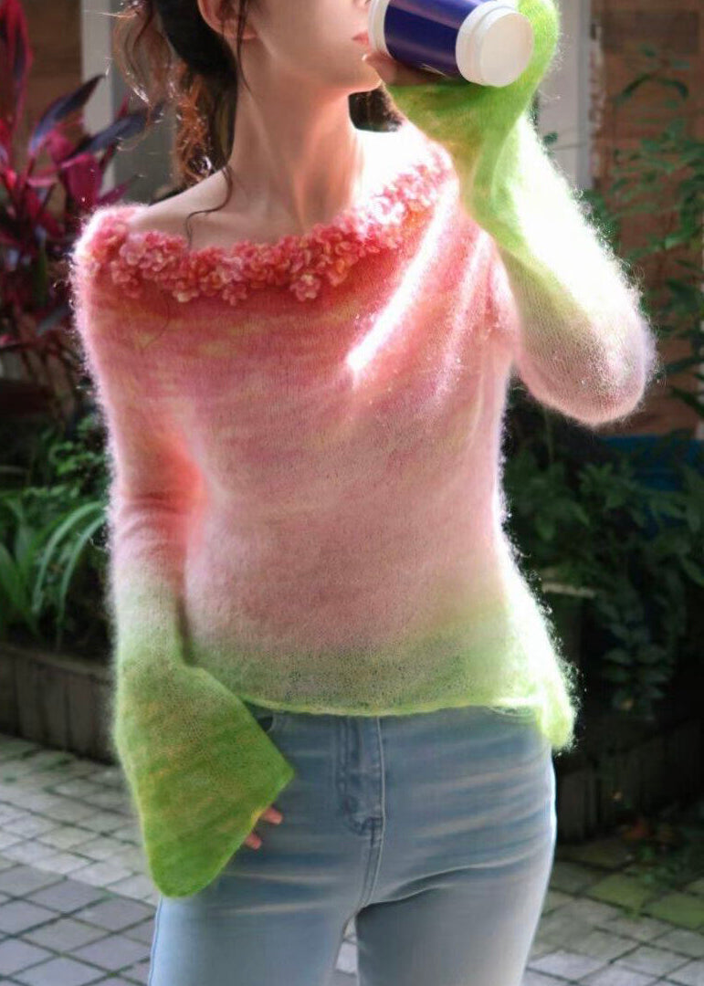 Gradient Color Slash Neck Asymmetrical Floral Knit Top Fall