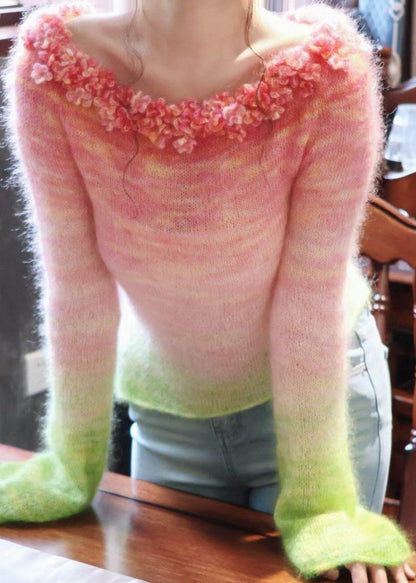 Gradient Color Slash Neck Asymmetrical Floral Knit Top Fall