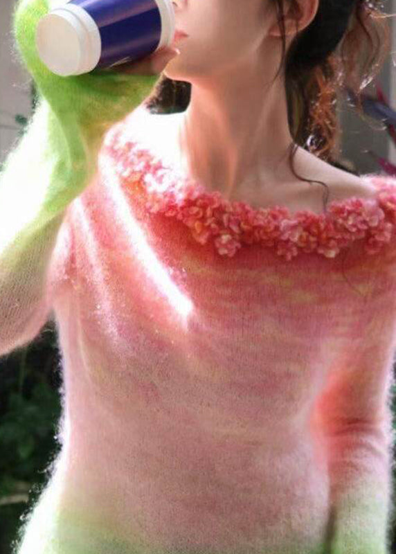Gradient Color Slash Neck Asymmetrical Floral Knit Top Fall